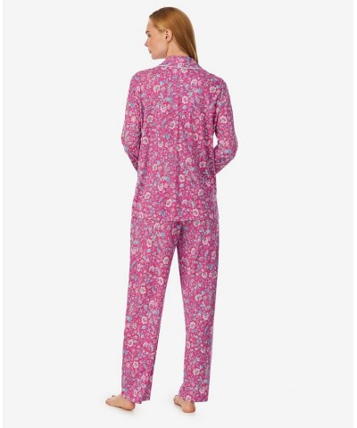 Women's Long Sleeve Notch Collar Long Pant Pajama Set 2 Pieces Pink Floral $32.62 Sleepwear