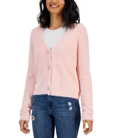 Juniors' Eyelash Faux-Pearl-Button Cardigan Sweater Romantic Pink $16.19 Sweaters