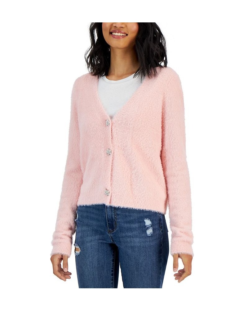 Juniors' Eyelash Faux-Pearl-Button Cardigan Sweater Romantic Pink $16.19 Sweaters