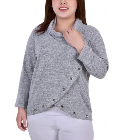 Plus Size Long Sleeve Crossover Top with Grommets Gray $12.85 Tops