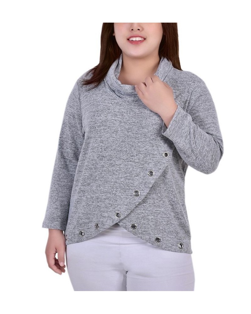 Plus Size Long Sleeve Crossover Top with Grommets Gray $12.85 Tops