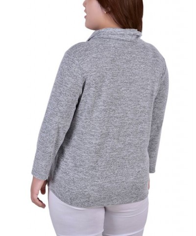 Plus Size Long Sleeve Crossover Top with Grommets Gray $12.85 Tops