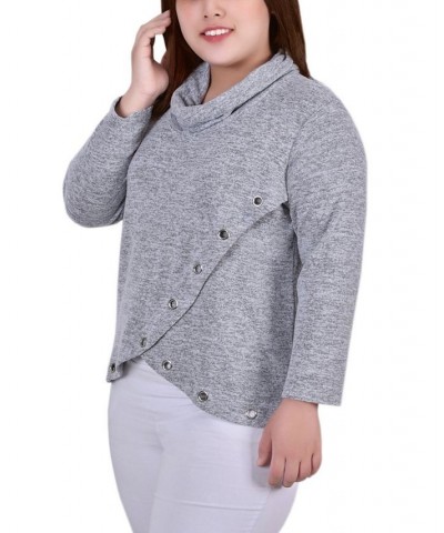 Plus Size Long Sleeve Crossover Top with Grommets Gray $12.85 Tops