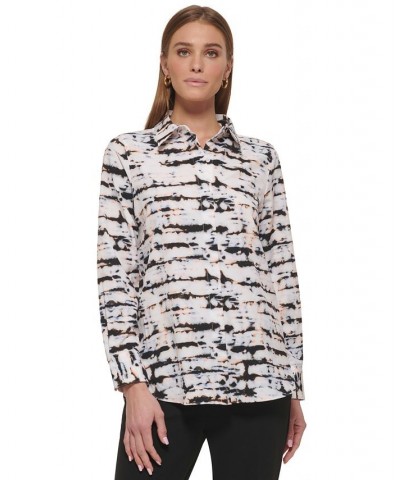 Women's Printed Collared Button-Down Shirt White Multi $43.61 Tops