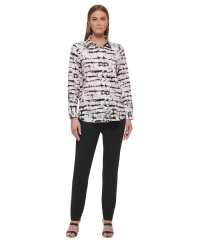 Women's Printed Collared Button-Down Shirt White Multi $43.61 Tops