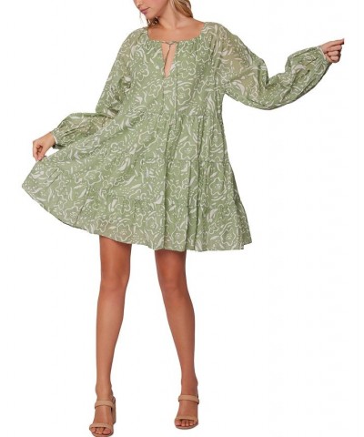 Women's Saguaro Blooms Printed Cotton Mini Dress Green White Print $36.58 Dresses