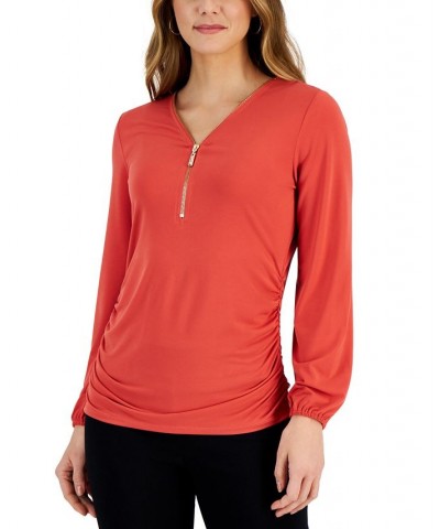 Women's Zip-Front Ruched Top Wildflower Pink $14.30 Tops