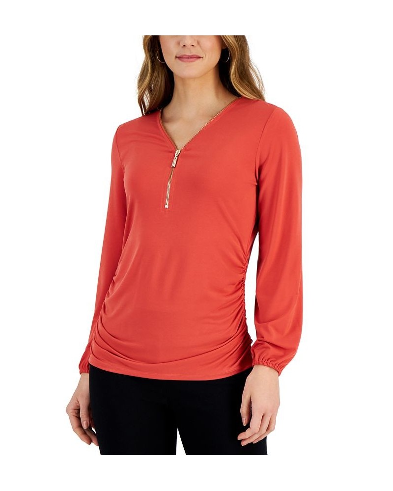 Women's Zip-Front Ruched Top Wildflower Pink $14.30 Tops