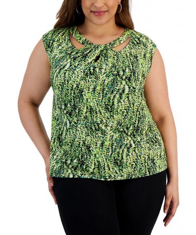 Plus Size Printed Sleeveless Twist-Neck Top Kiwi Multi $31.60 Tops