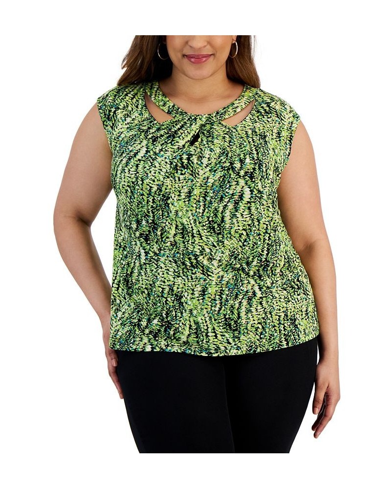 Plus Size Printed Sleeveless Twist-Neck Top Kiwi Multi $31.60 Tops