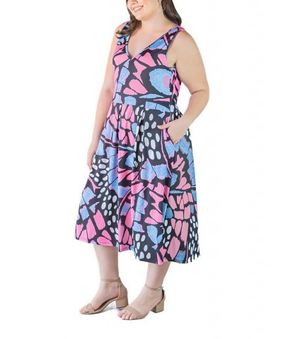 Plus Size Midi Fit and Flare Pocket Dress Pink Multi $25.07 Dresses