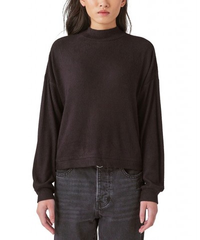 Cloud Ribbed Mock Neck Bubble Sleeve Top Black $24.17 Tops