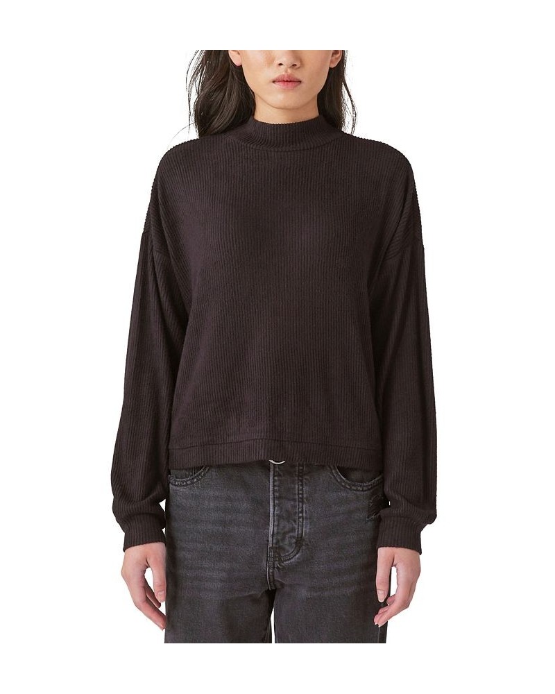 Cloud Ribbed Mock Neck Bubble Sleeve Top Black $24.17 Tops