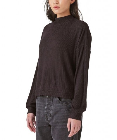 Cloud Ribbed Mock Neck Bubble Sleeve Top Black $24.17 Tops