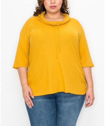 Plus Size Baby Thermal Cowl Neck Side Ruched Top Yellow $25.97 Tops