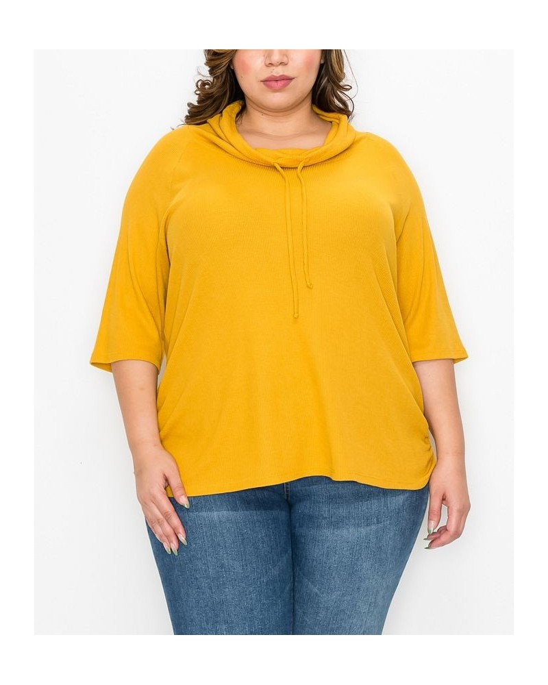 Plus Size Baby Thermal Cowl Neck Side Ruched Top Yellow $25.97 Tops