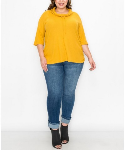 Plus Size Baby Thermal Cowl Neck Side Ruched Top Yellow $25.97 Tops