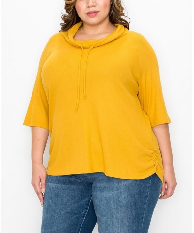 Plus Size Baby Thermal Cowl Neck Side Ruched Top Yellow $25.97 Tops