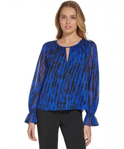 Printed Split-Neck Ruffled-Cuff Long-Sleeve Blouse Blue $21.98 Tops