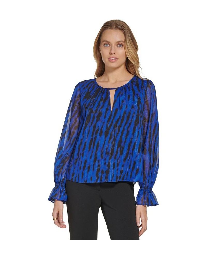 Printed Split-Neck Ruffled-Cuff Long-Sleeve Blouse Blue $21.98 Tops