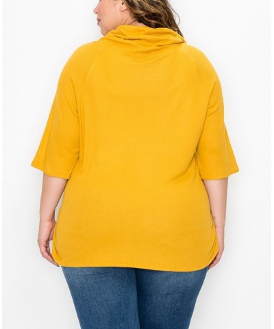 Plus Size Baby Thermal Cowl Neck Side Ruched Top Yellow $25.97 Tops