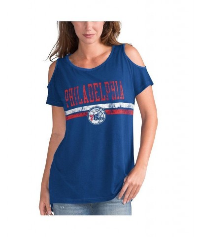 Women's Royal Philadelphia 76ers Nothing but Net Cold Shoulder Scoop Neck T-shirt Royal $23.84 Tops