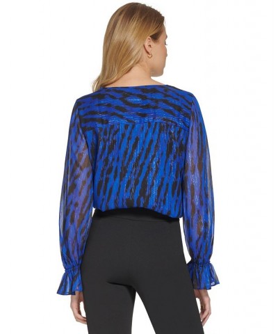 Printed Split-Neck Ruffled-Cuff Long-Sleeve Blouse Blue $21.98 Tops