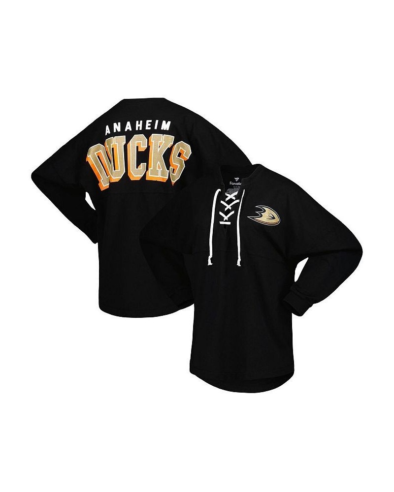 Women's Branded Black Anaheim Ducks Spirit Lace-Up V-Neck Long Sleeve Jersey T-shirt Black $39.20 Tops