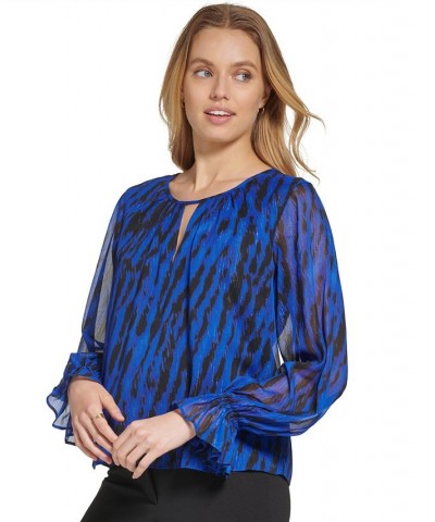 Printed Split-Neck Ruffled-Cuff Long-Sleeve Blouse Blue $21.98 Tops