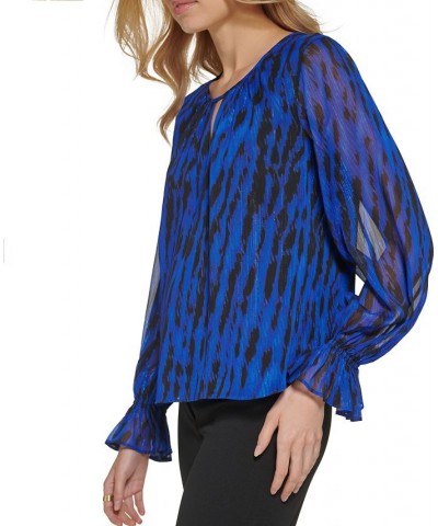 Printed Split-Neck Ruffled-Cuff Long-Sleeve Blouse Blue $21.98 Tops