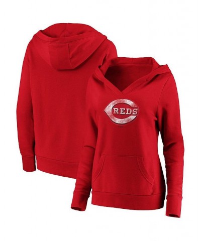 Women's Branded Red Cincinnati Reds Core Team Crossover V-Neck Pullover Hoodie Red $36.80 Sweatshirts