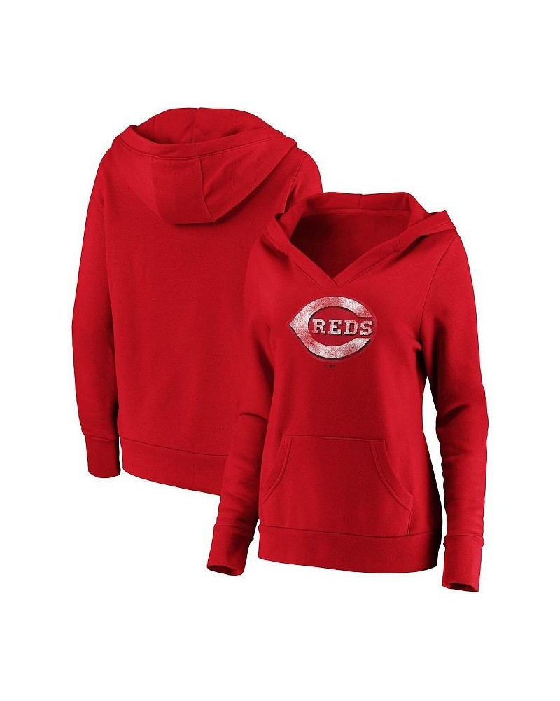 Women's Branded Red Cincinnati Reds Core Team Crossover V-Neck Pullover Hoodie Red $36.80 Sweatshirts