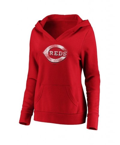 Women's Branded Red Cincinnati Reds Core Team Crossover V-Neck Pullover Hoodie Red $36.80 Sweatshirts