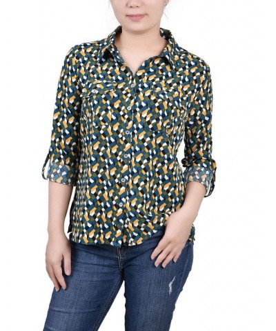 Petite 3/4 Sleeve Roll Tab Notch Collar Blouse Deep Teal Banana Cube $11.11 Tops