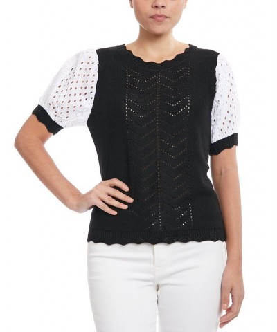 Women's Sweater with Poplin Sleeve Black $42.24 Sweaters