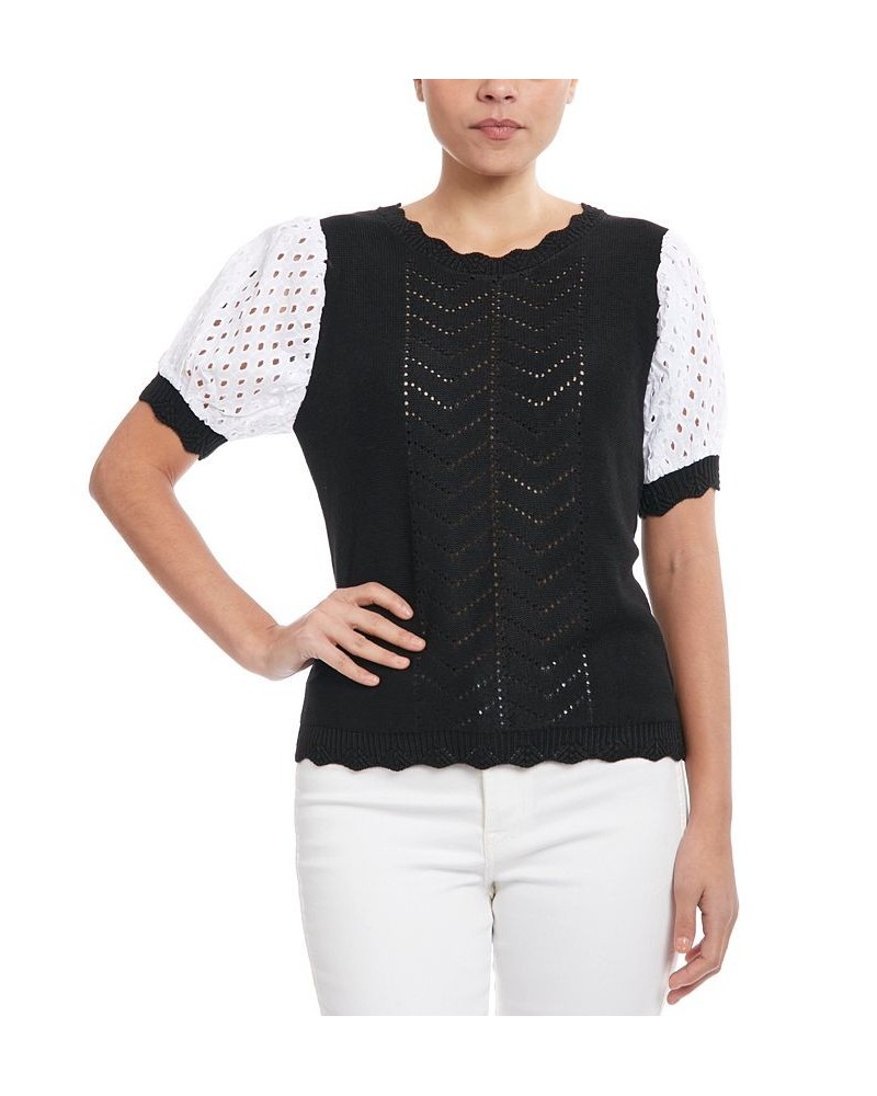 Women's Sweater with Poplin Sleeve Black $42.24 Sweaters