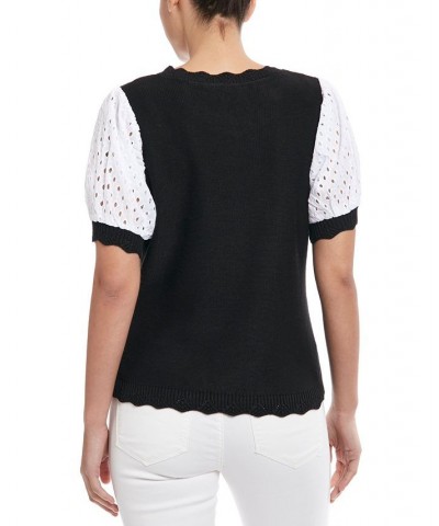 Women's Sweater with Poplin Sleeve Black $42.24 Sweaters