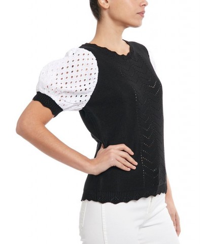 Women's Sweater with Poplin Sleeve Black $42.24 Sweaters