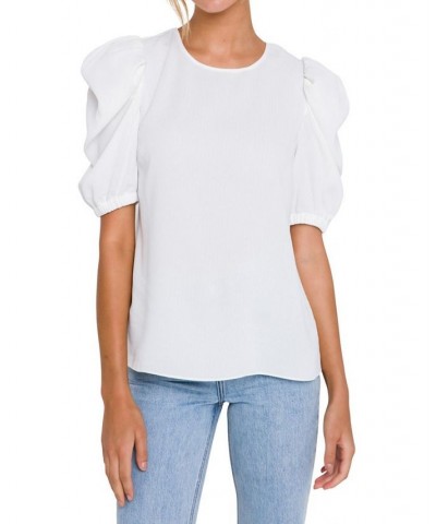 Women's Pleated Puff Sleeve Top White $30.10 Tops