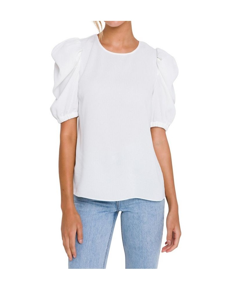 Women's Pleated Puff Sleeve Top White $30.10 Tops