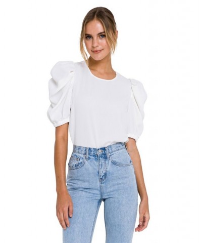 Women's Pleated Puff Sleeve Top White $30.10 Tops