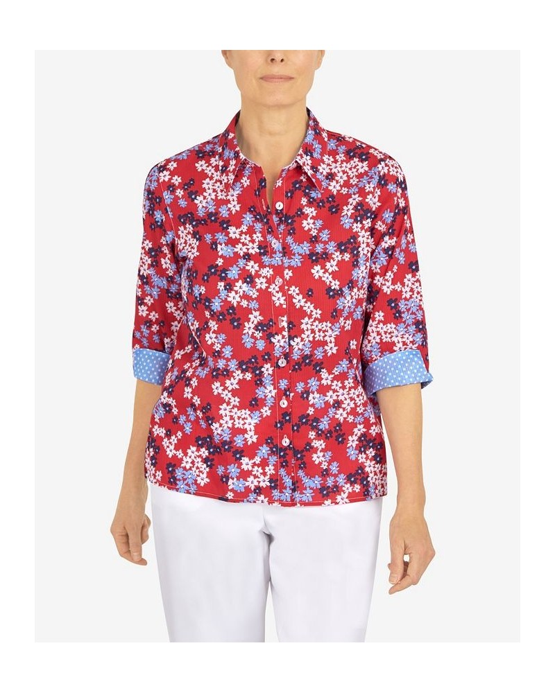 Petite Polka Dot Trim Floral Button Down Top Red $29.89 Tops