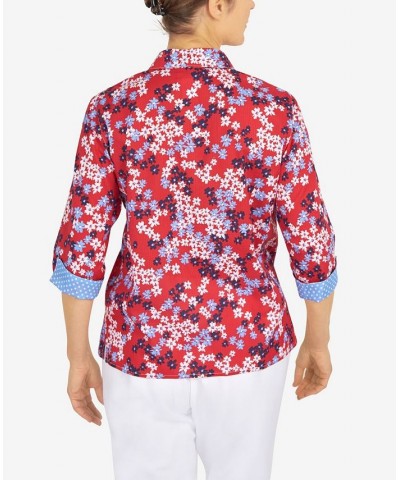 Petite Polka Dot Trim Floral Button Down Top Red $29.89 Tops