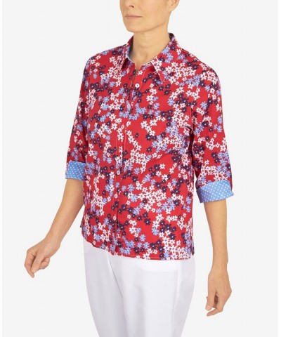 Petite Polka Dot Trim Floral Button Down Top Red $29.89 Tops