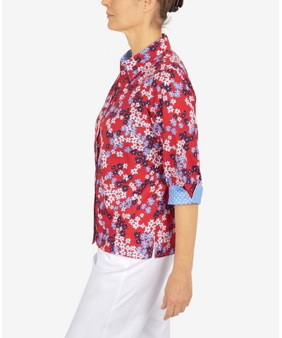 Petite Polka Dot Trim Floral Button Down Top Red $29.89 Tops