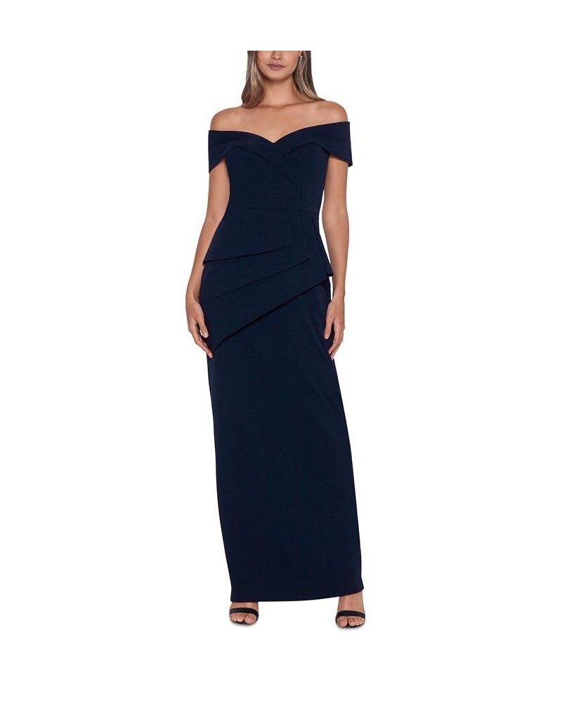 Off-The-Shoulder Peplum Gown Navy $91.46 Dresses