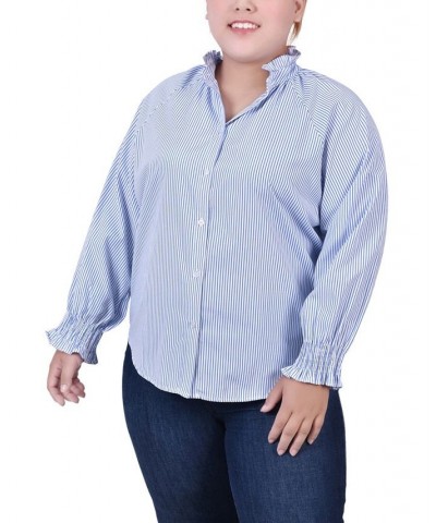 Plus Size Long Sleeve Button Front Blouse Blue $17.52 Tops