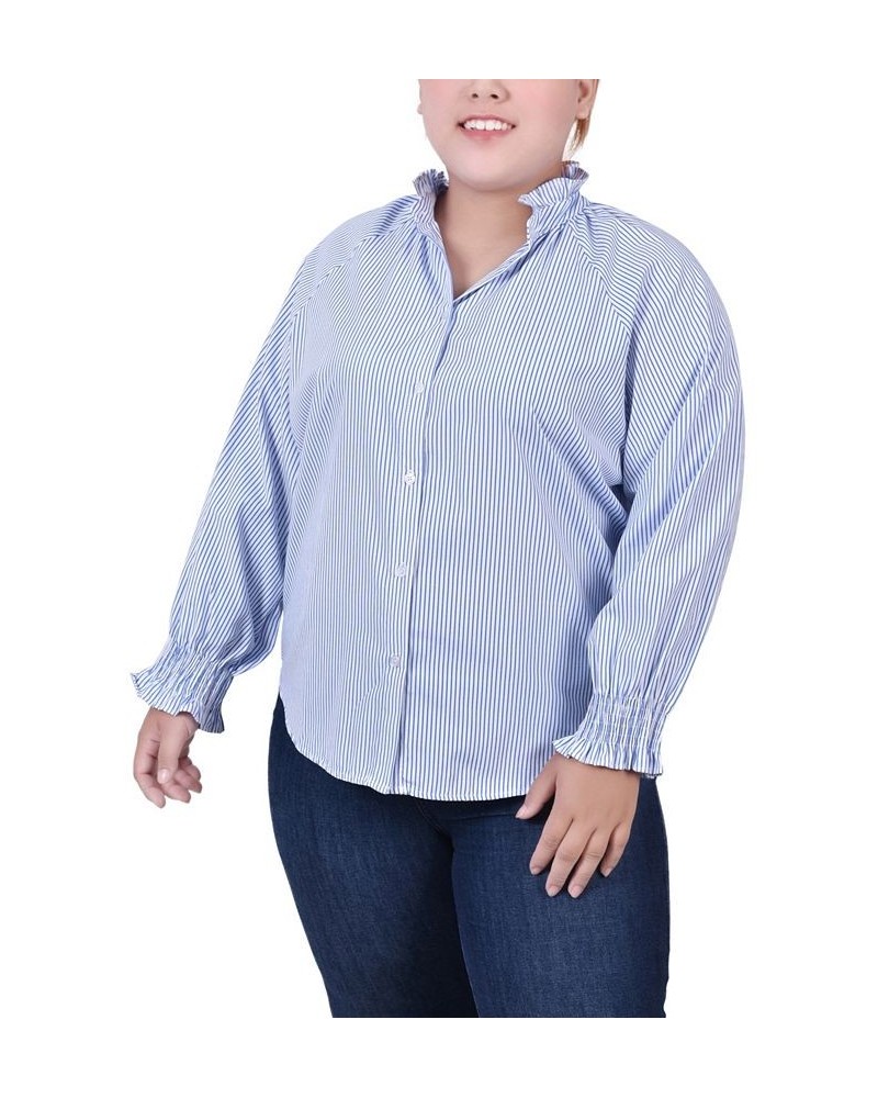 Plus Size Long Sleeve Button Front Blouse Blue $17.52 Tops