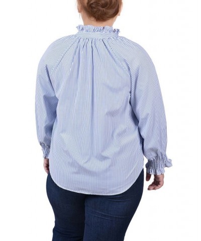 Plus Size Long Sleeve Button Front Blouse Blue $17.52 Tops