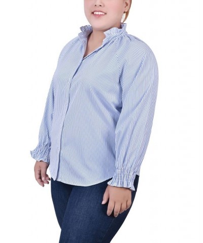 Plus Size Long Sleeve Button Front Blouse Blue $17.52 Tops